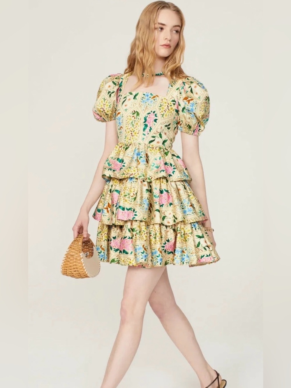 Hunter Bell Floral Tiered Puff-Sleeve Mini Dress in Cream and Pastels